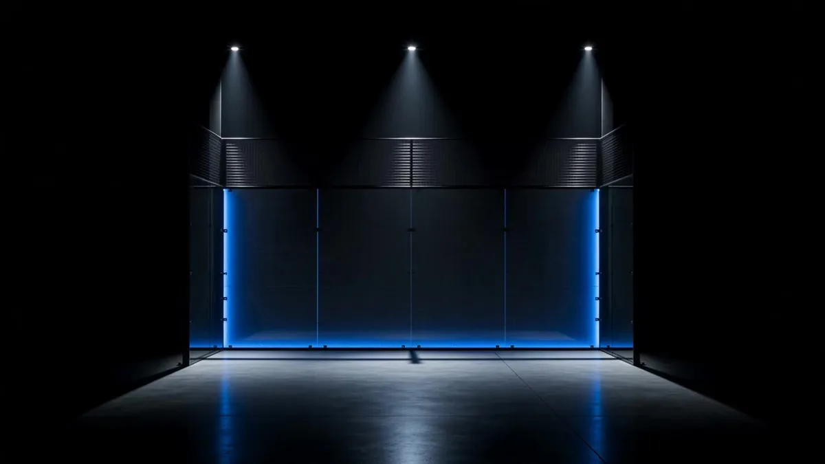 An empty glass-walled court at night under three spotlights, lit blue at the corners