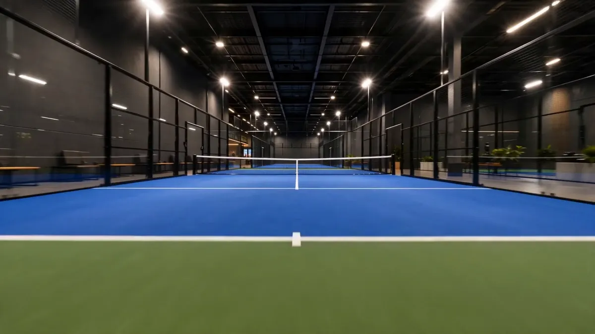A blue padel court seen from the baseline, glass walls on both sides and more courts beyond the net