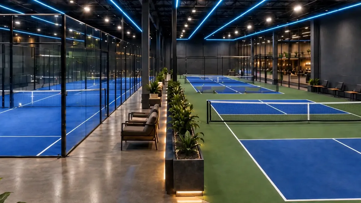 Glass padel courts and dedicated pickleball courts either side of a walkway with lounge chairs and planters