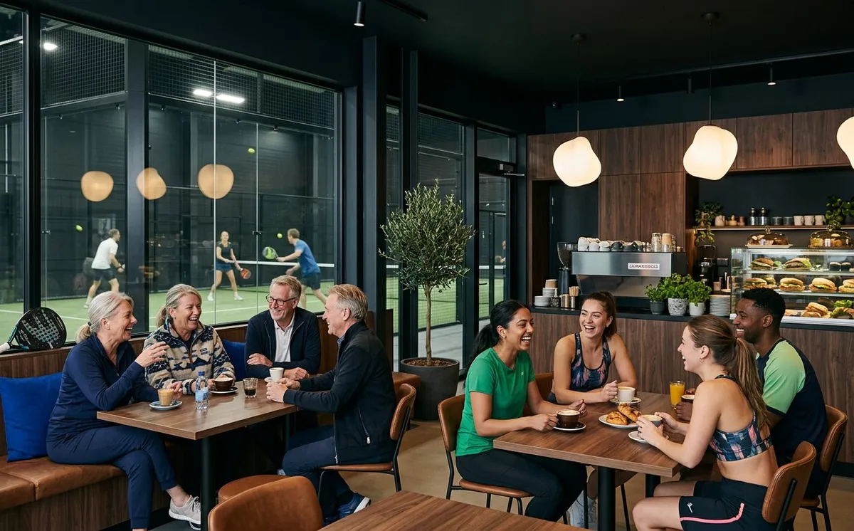 Members talking over coffee in the Volta café-lounge, with padel courts visible through the glass behind them