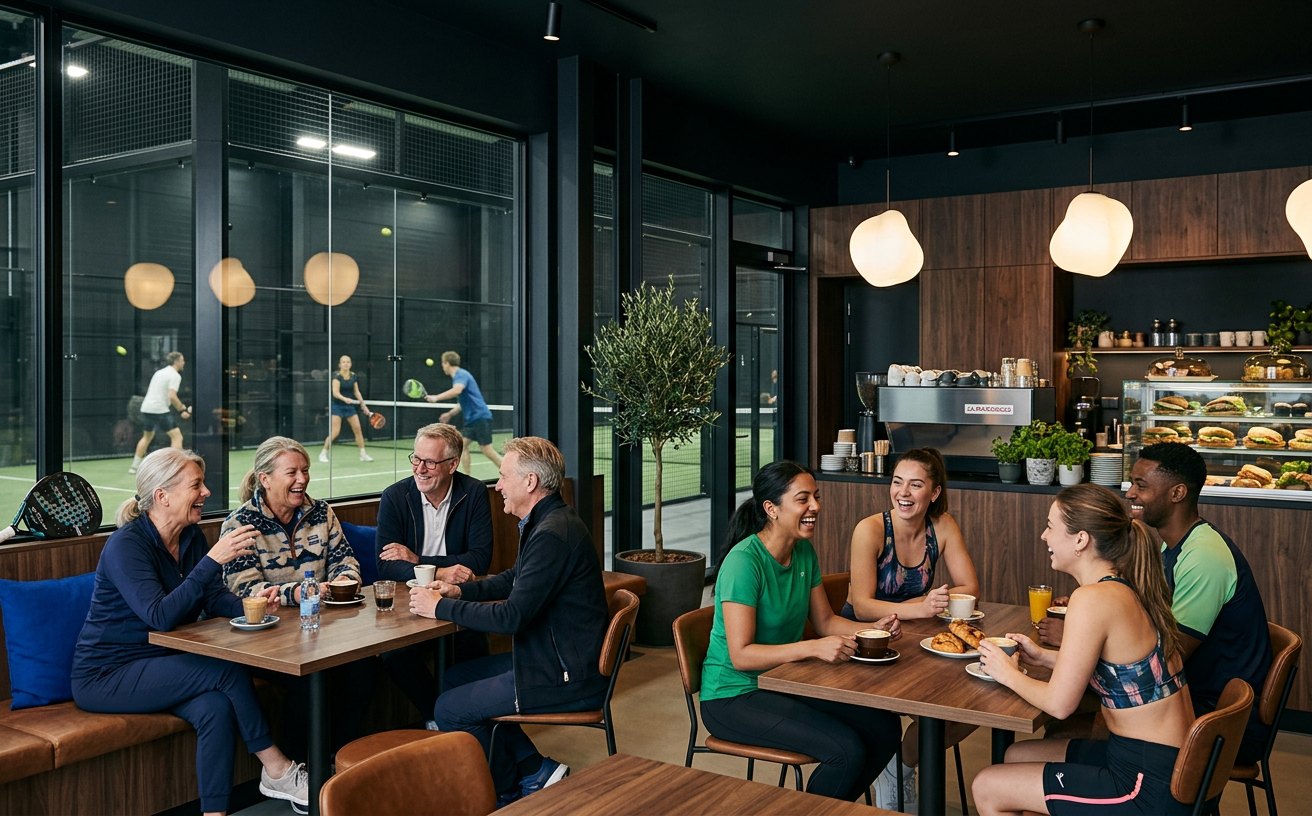 Members in the Volta café-lounge, with padel courts visible through the glass behind them
